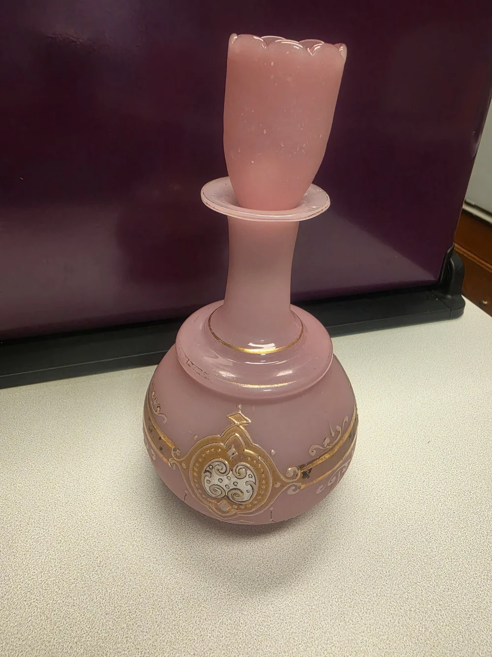 Antique Pink Opaline Glass Decanter. Genie Bottle